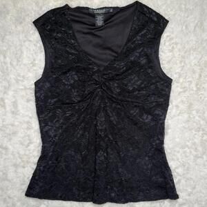 Y2K Vintage Rampage Black Floral Lace V-Neck Ruched Sleeveless Top Size XL